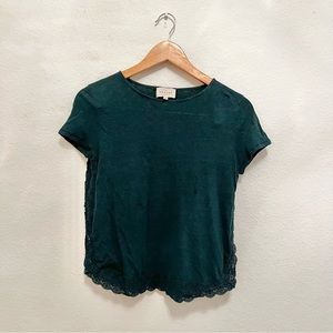 Sezane Green Lace Crochet Trim Linen Tee Sz XS